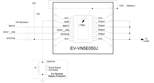 Simple application schematic using the VN5E0505J EZ-Board STMicroelectronics application schematic